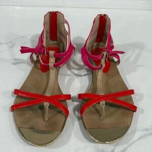 Isola Women’s Sandals 7.5 Red Pink Patent Leather Ankle Strap Flat Dressy Buckle